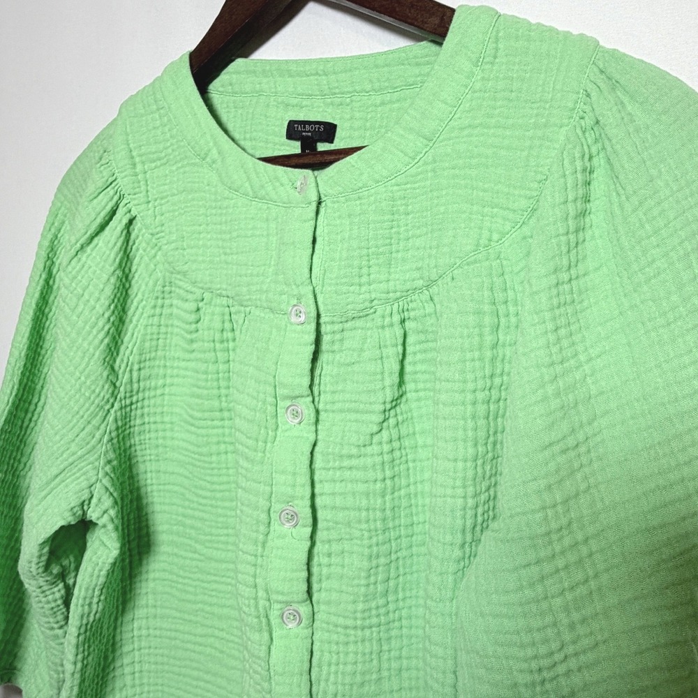 Talbots Petite Green Cotton Double Gauze Button Front Tie Sleeve Blouse M Petite